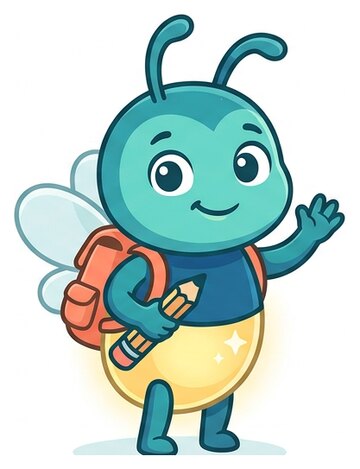 Lumi, una luciérnaga con mochila y lápiz, saluda con la mano.
